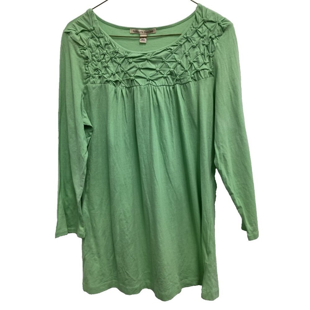 Carolyn Taylor Womens Top XL Melonball Green 3/4 Sleeve Smocked Casual BOHO